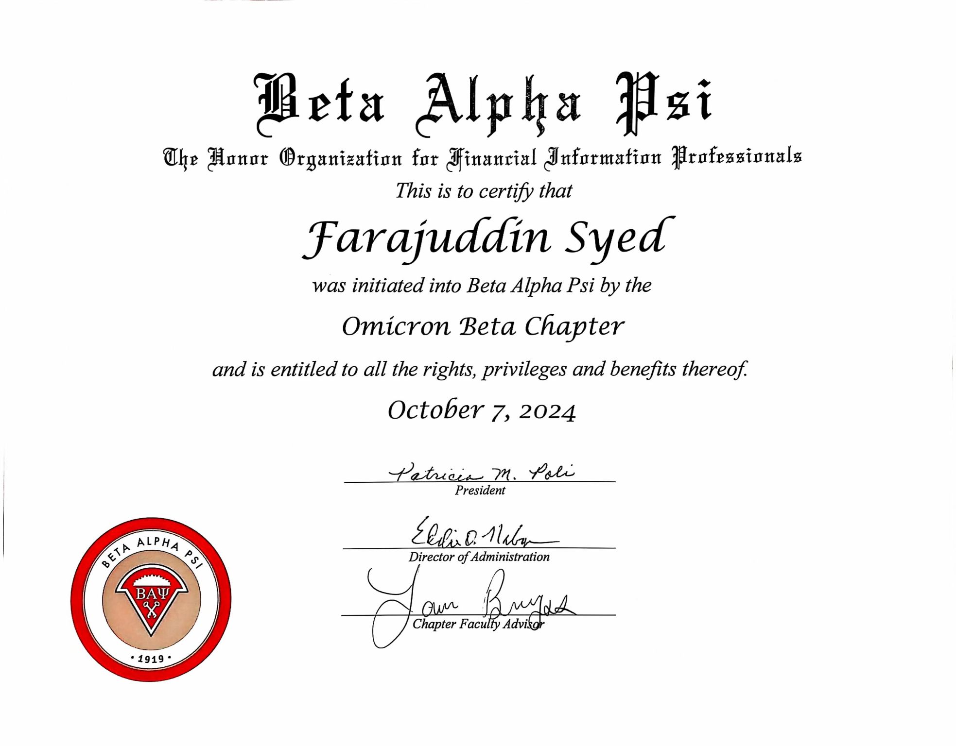 Beta Alpha Psi Honor Society Lifetime Membership   thumbnail 1